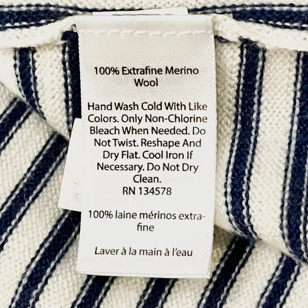 Vineyard Vines 100% Extrafine Merino Wool Cream and Navy Striped Fringe Poncho